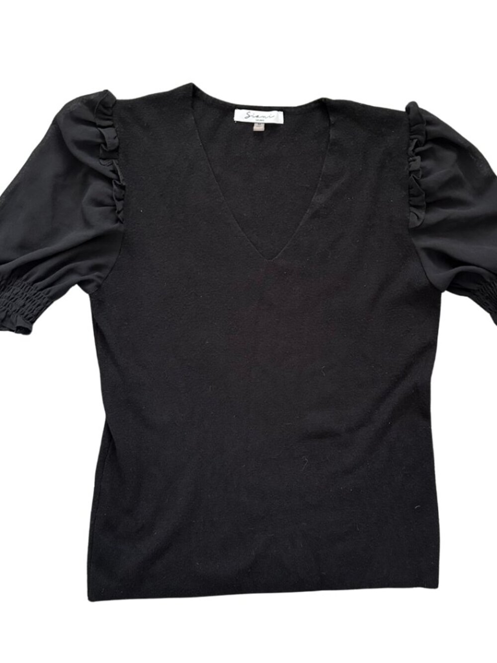Sioni Milano Black V-Neck Top with Sheer Short Sleeves Medium